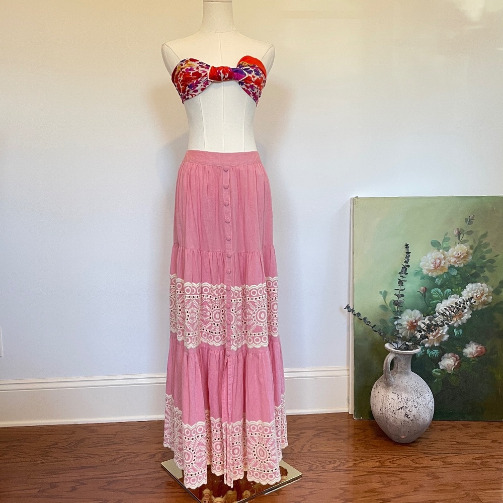Cottagecore Maxi Skirt Tiered Eyelet Pink Lace Boho Prairie Size S/M Romantic